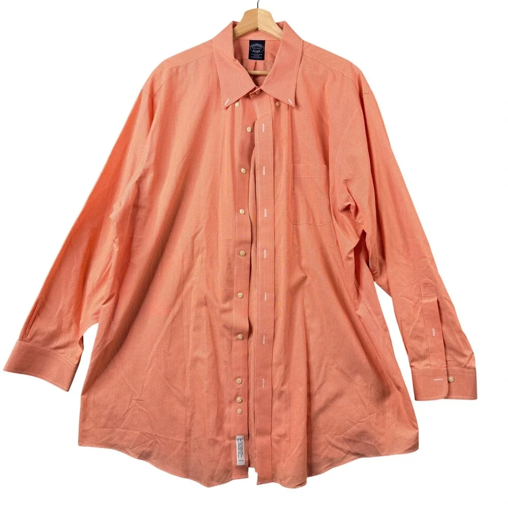 Brooks Brothers Mens 18.5 34/35 Orange Gingham 100% Supima Cotton Non-Iron Shirt - Picture 2 of 8